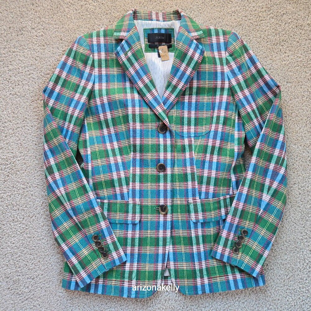 J. Crew Rhodes Blazer Linen Cotton Green Plaid Size 2